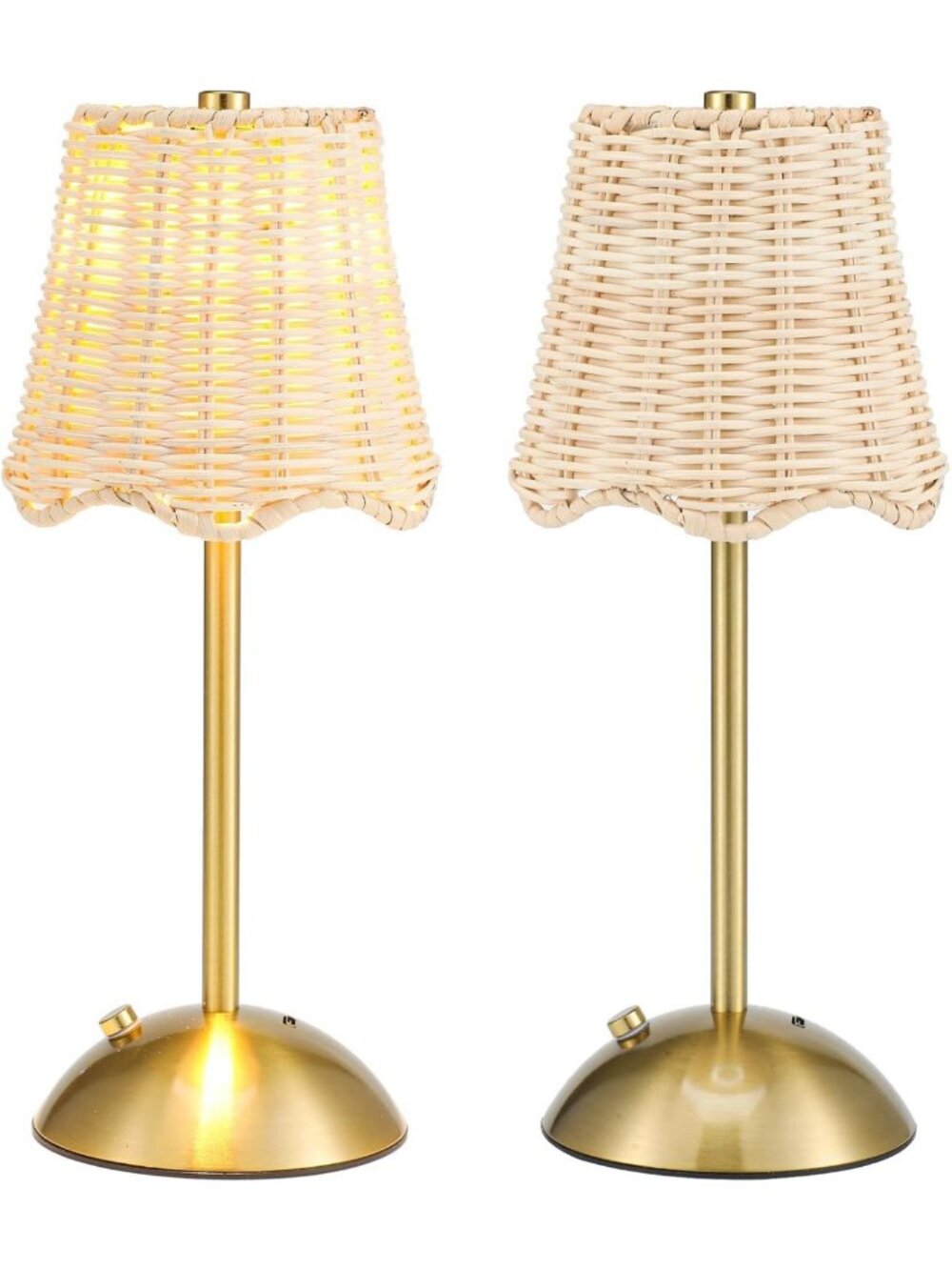 Elegant 12-Inch Rattan Cordless Table Lamps - Gold, Set of 2, Chic Home Decor